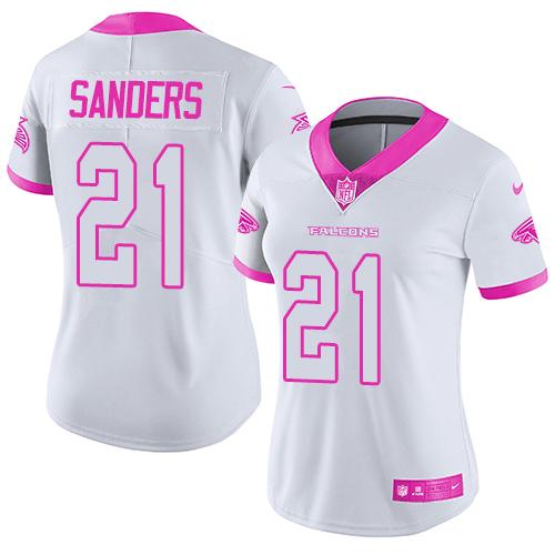 Nike Falcons #21 Deion Sanders White/Pink Women's Stitched NFL Limited Rush Fashion Jersey